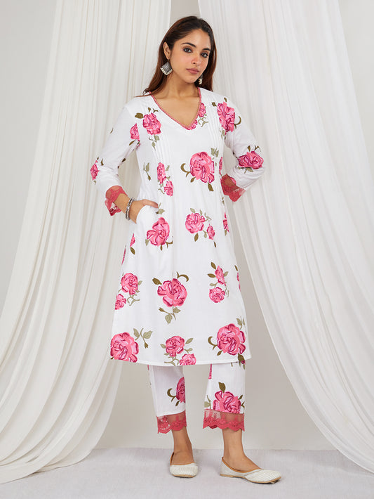 Old rose pink handprinted Kurta set with lace detailing and kota doria dupatta. Set of 3