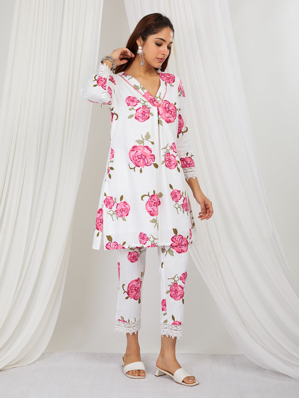 Old Rose Pink & White hand printed Co-ord set of 2