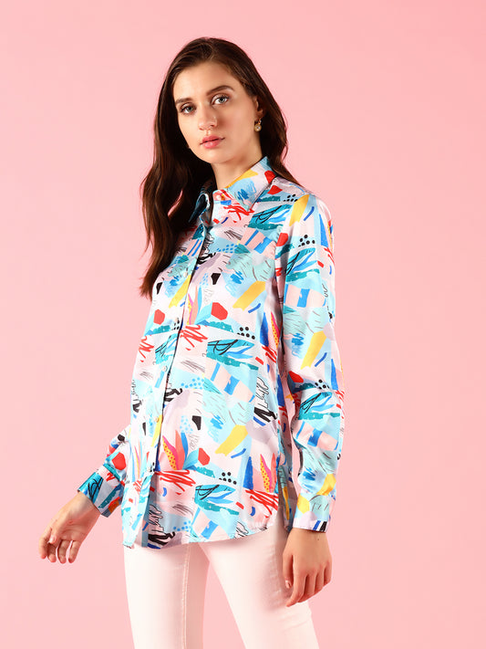 Silk Blue Printed Shirt Top