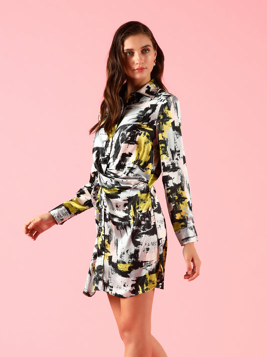 BLACK FRONT KNOT SATIN SHIRT DRESS