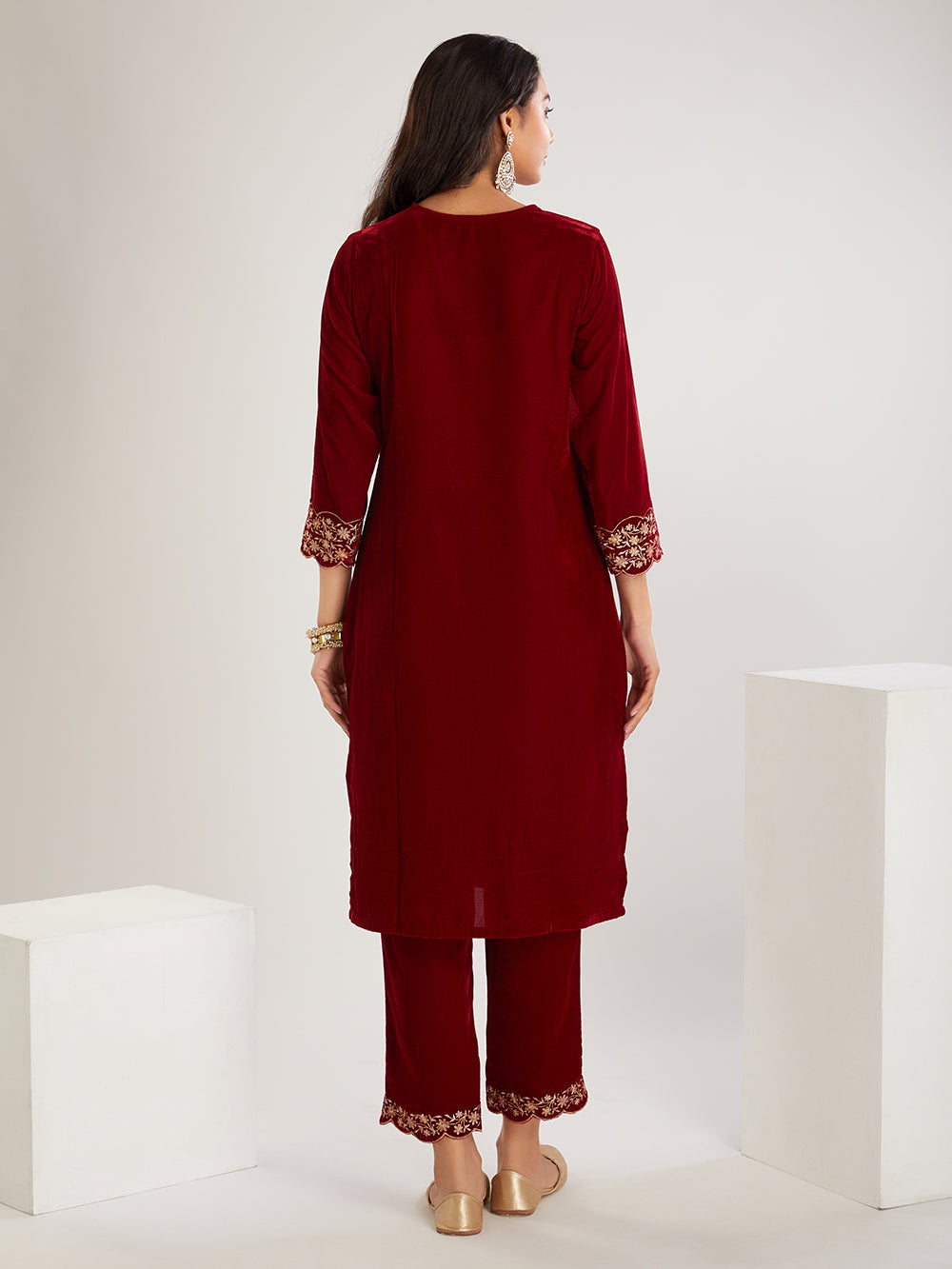 Maroon Embroidered Velvet Suit- Set of 3