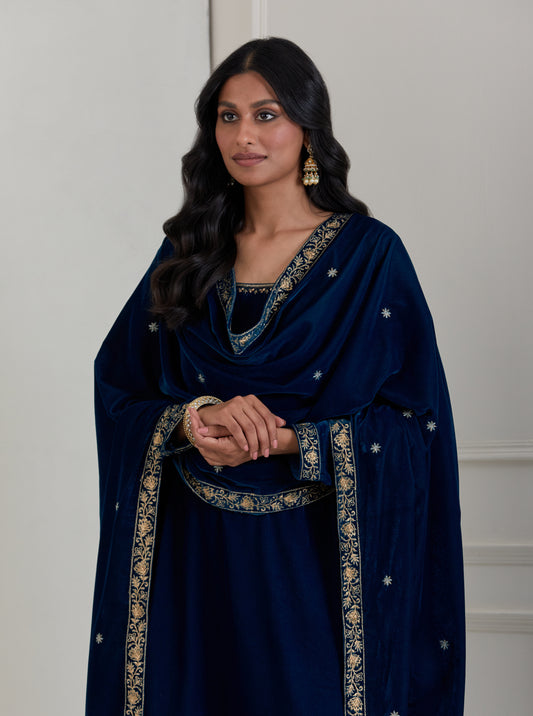 Blue Embroidered Velvet Anarkali Suit - Set of 3