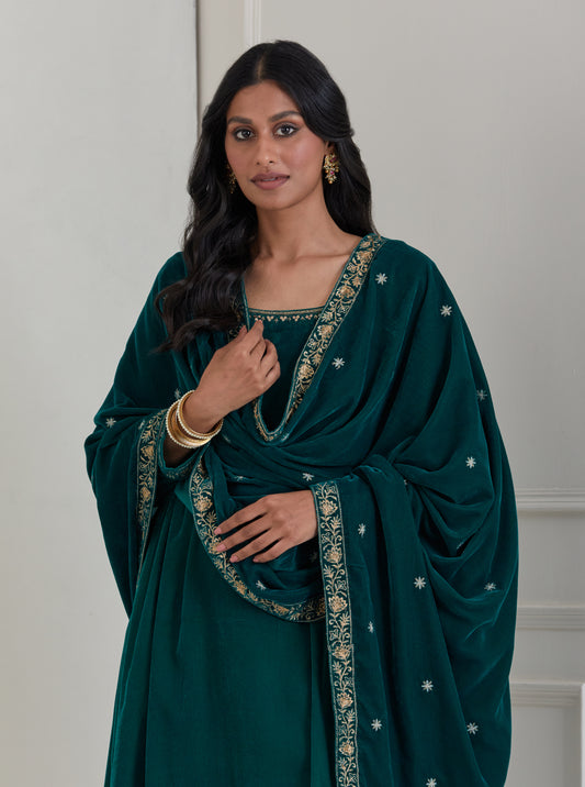 Green Embroidered Velvet Anarkali Suit - Set of 3