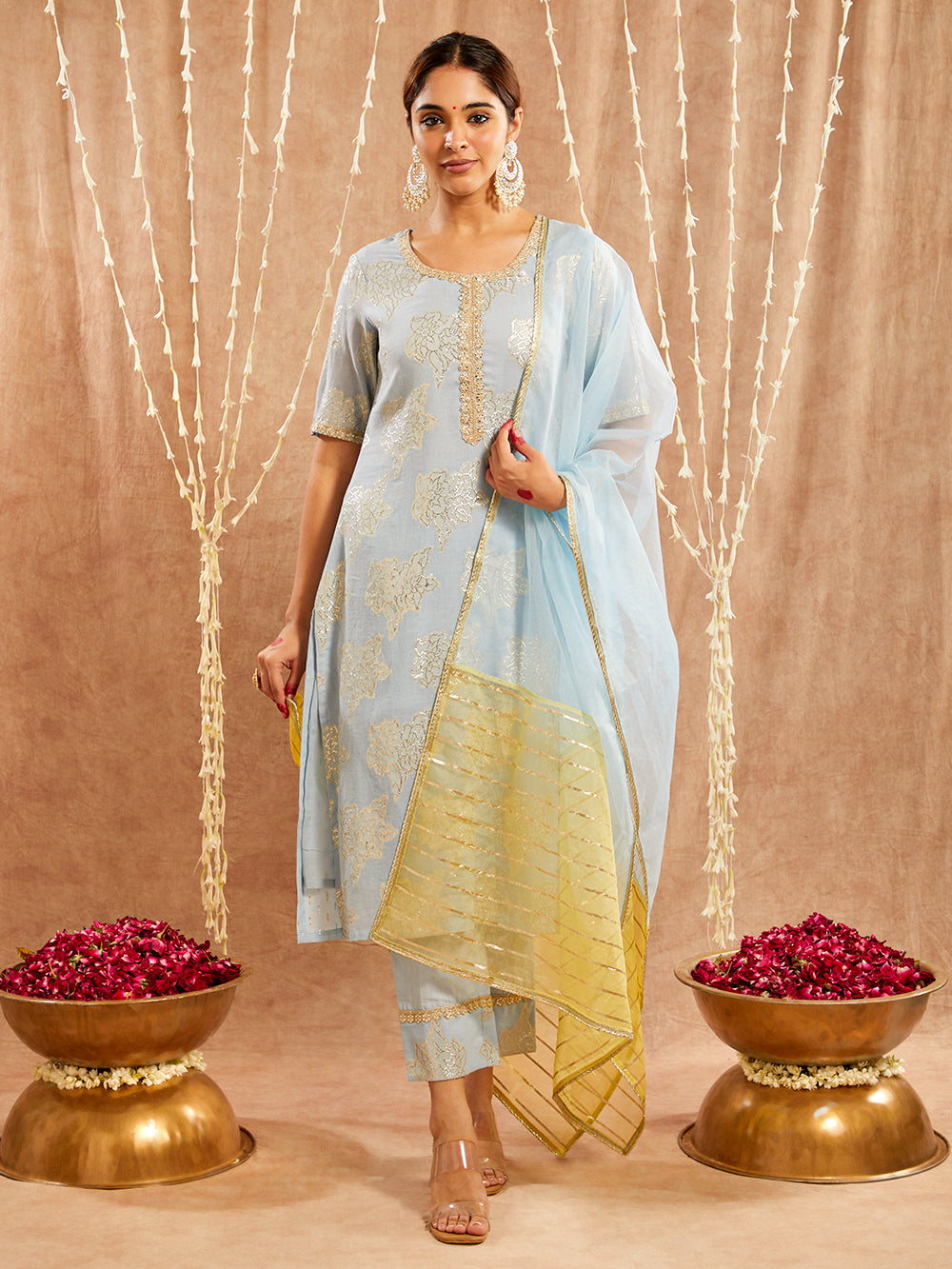 Blue Lace work Cotton Lurex Suit - Set of 3