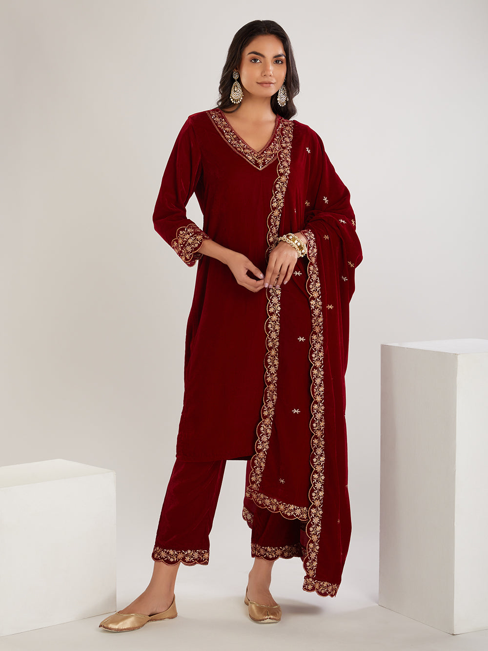 Maroon Embroidered Velvet Suit- Set of 3