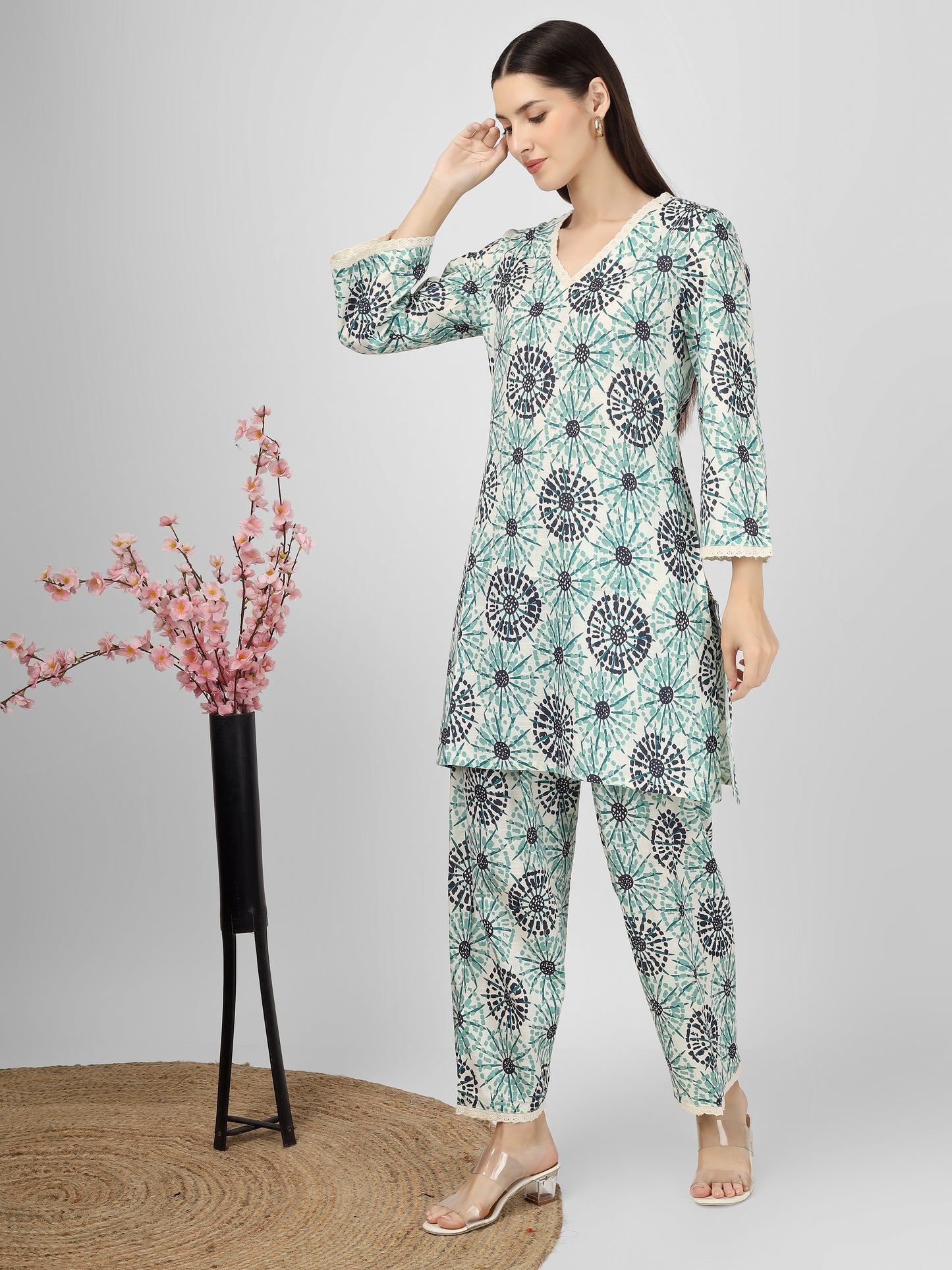 Printed Cotton Blue &Green Co-ord Set Kurta and Salwar