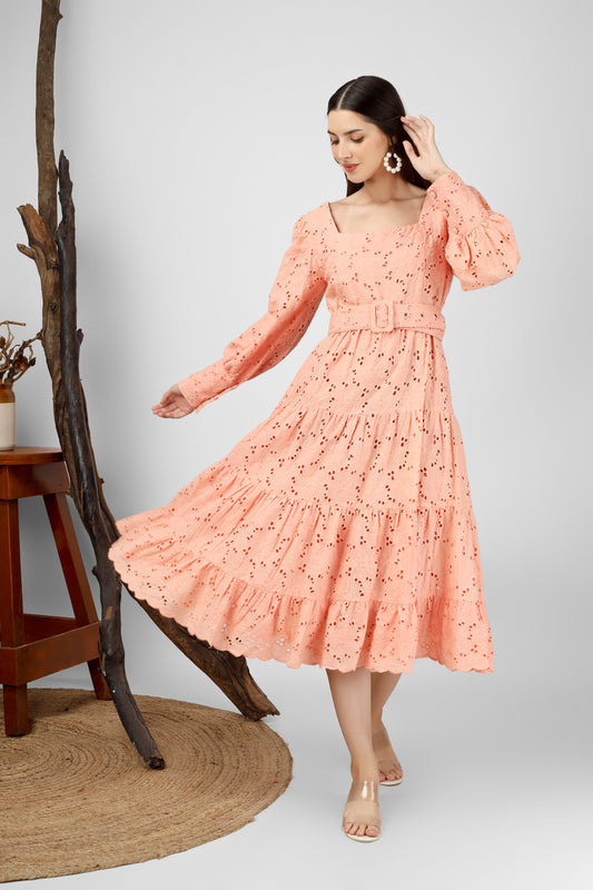 Peach Embroidered Cotton Schiffli Dress