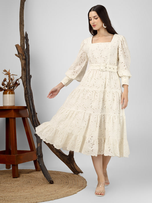 White Embroidered Cotton Schiffli Dress
