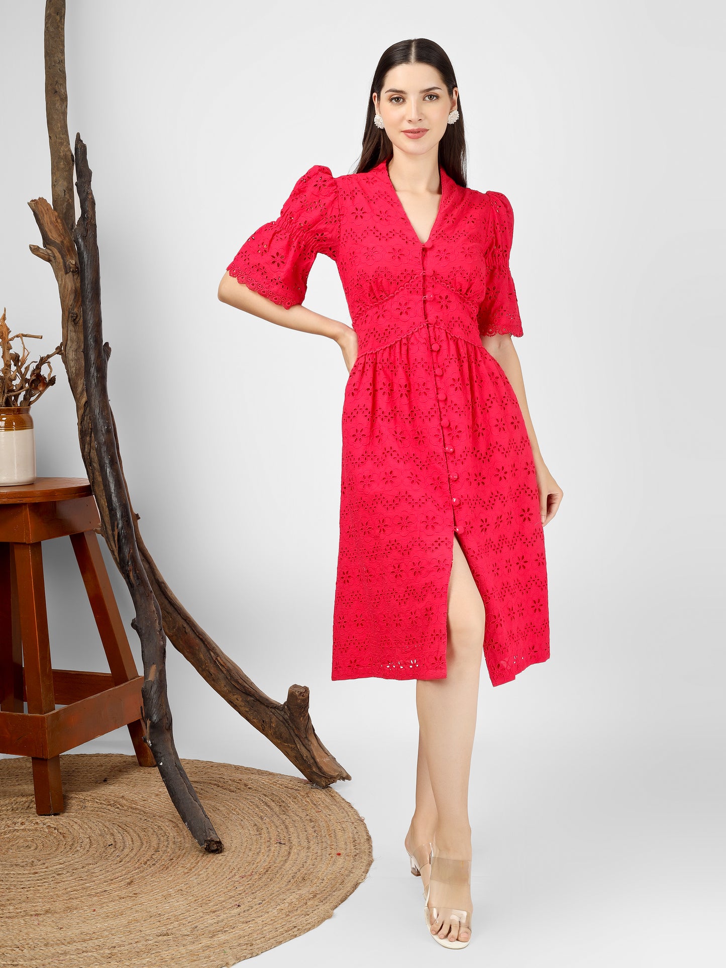 Pink Embroidered Cotton Schiffli Dress