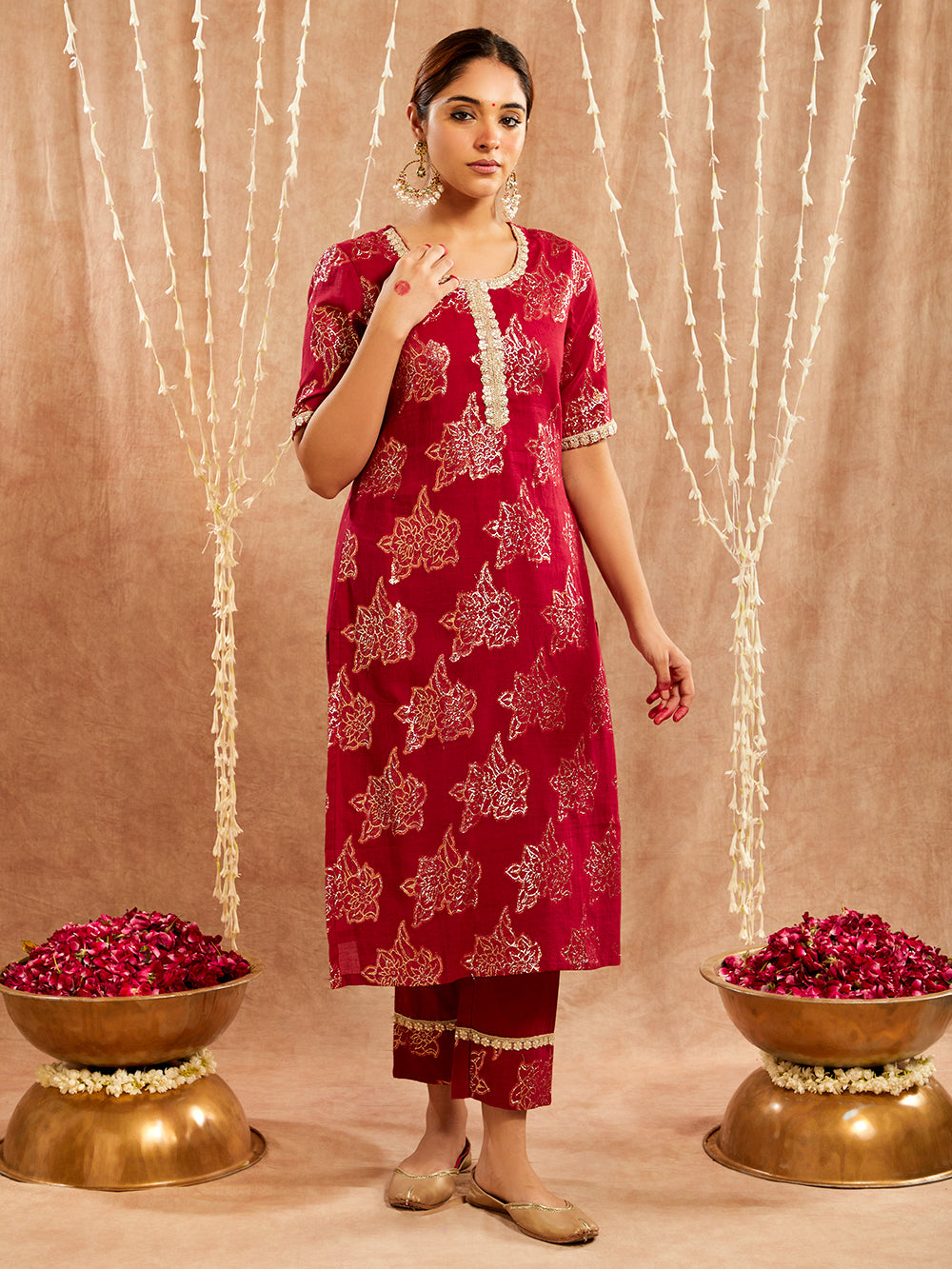 Maroon Lace work Cotton Lurex Suit - Set of 3