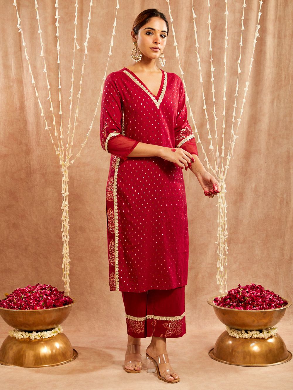 Maroon Lace work Cotton Lurex Suit - Set of 3