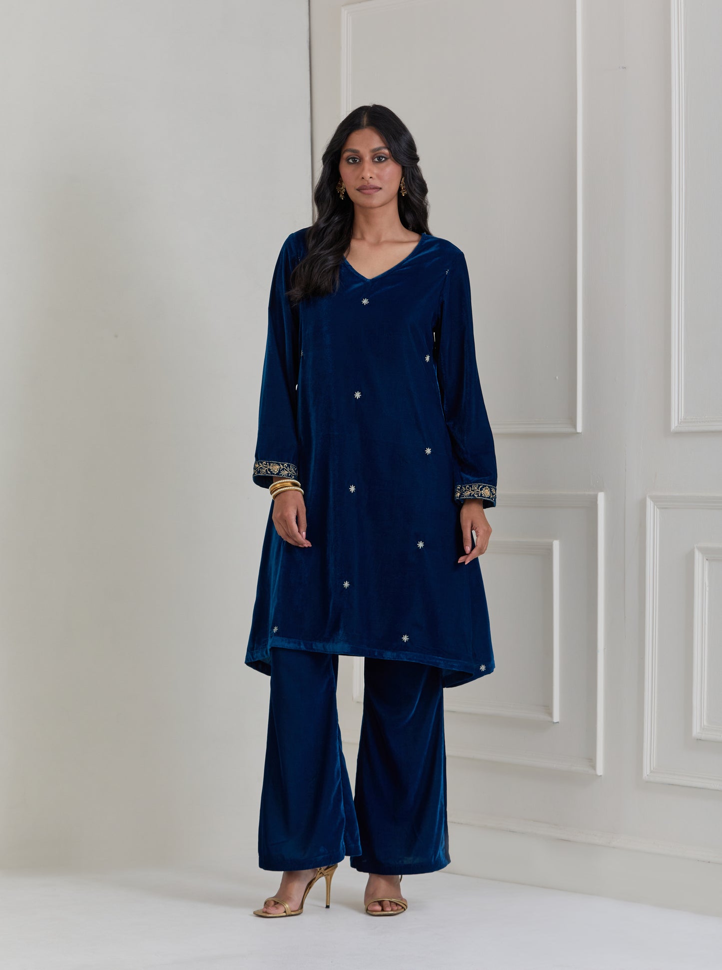 Blue Embroidered Velvet A-Line Suit - Set of 3