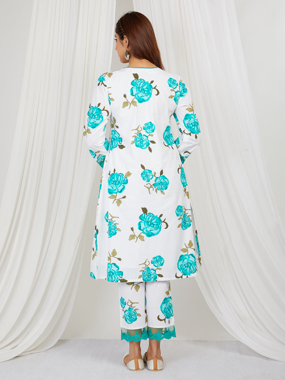 Aqua Blue White Hand Block Printed Cotton Suit - Set of 3