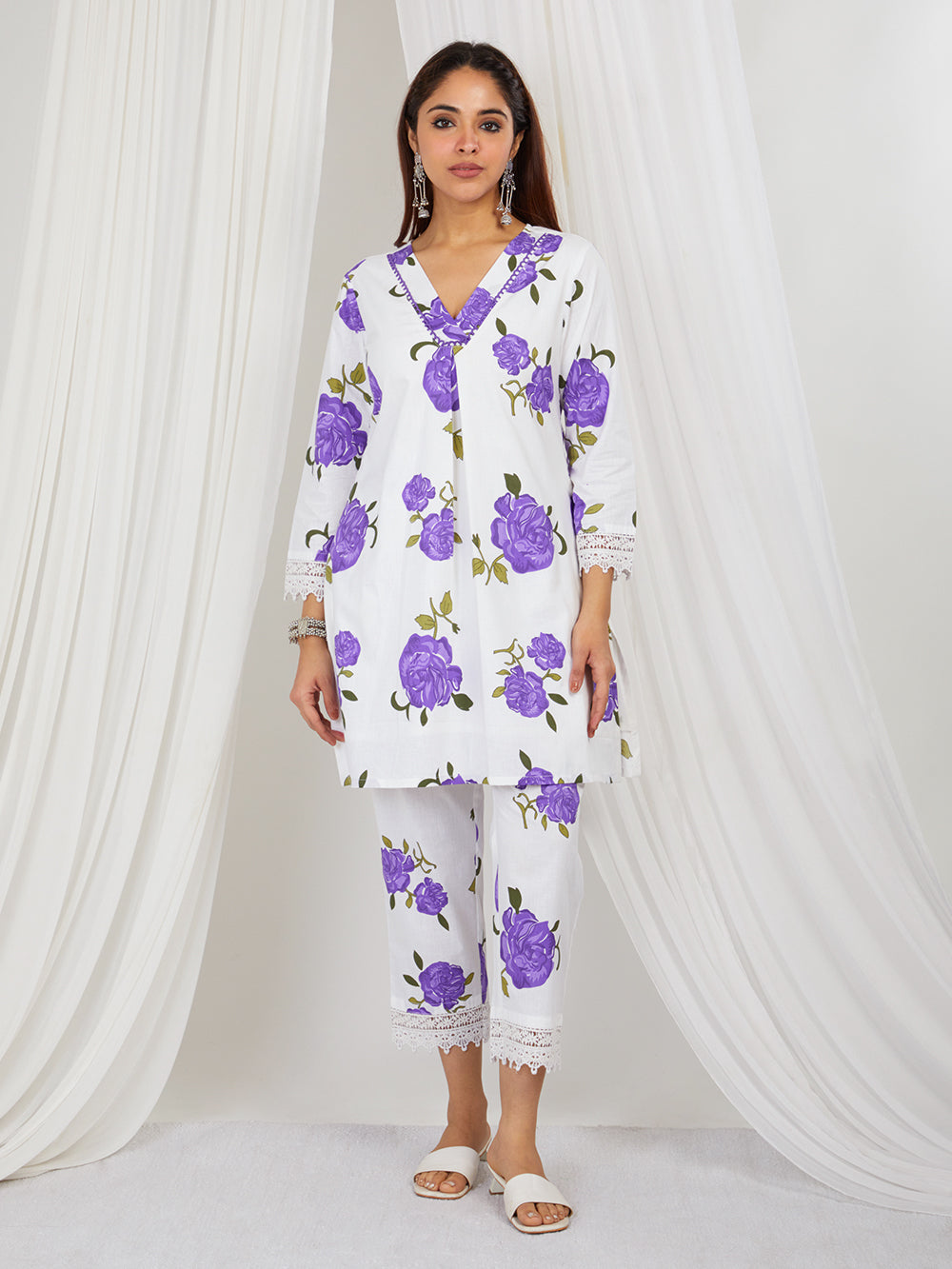 Purple & White hand printed Co-ord set of 2