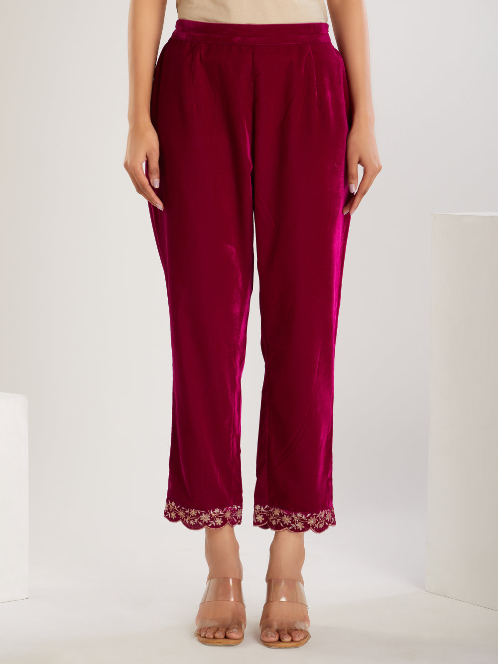 Fuchsia Embroidered Velvet Suit- Set of 3