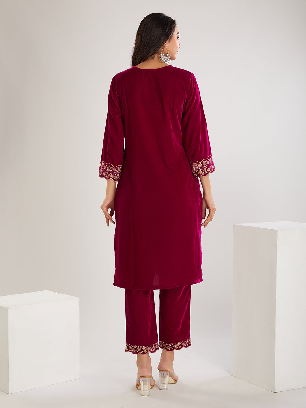 Fuchsia Embroidered Velvet Suit- Set of 3