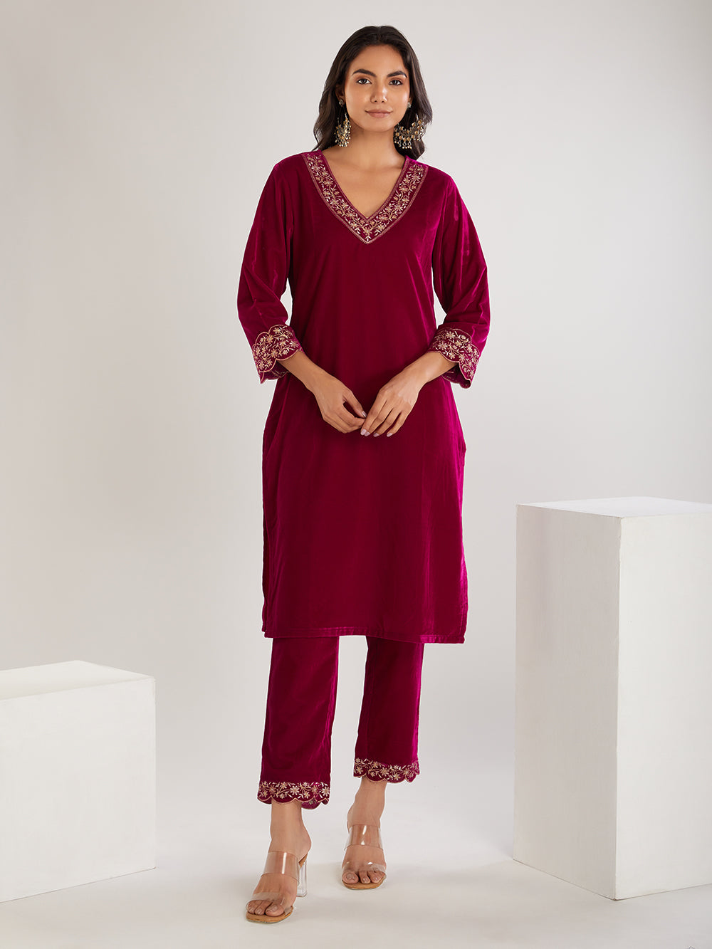 Fuchsia Embroidered Velvet Suit- Set of 3