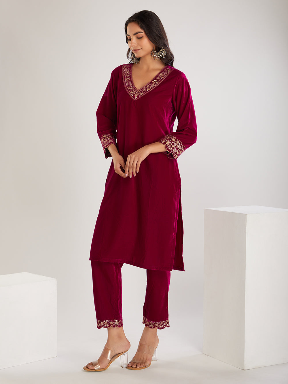 Fuchsia Embroidered Velvet Suit- Set of 3