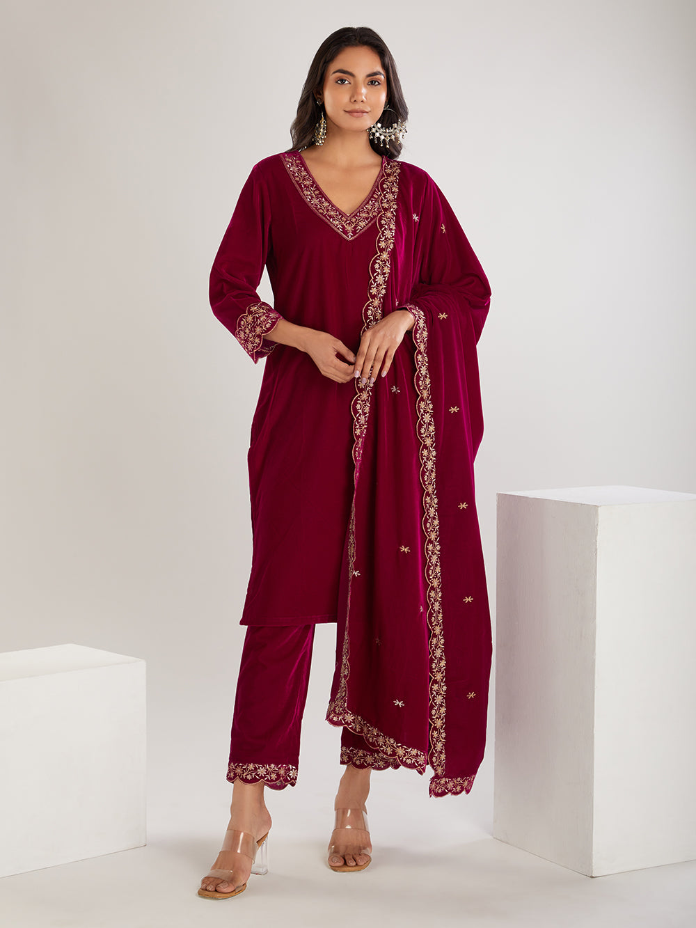 Fuchsia Embroidered Velvet Suit- Set of 3