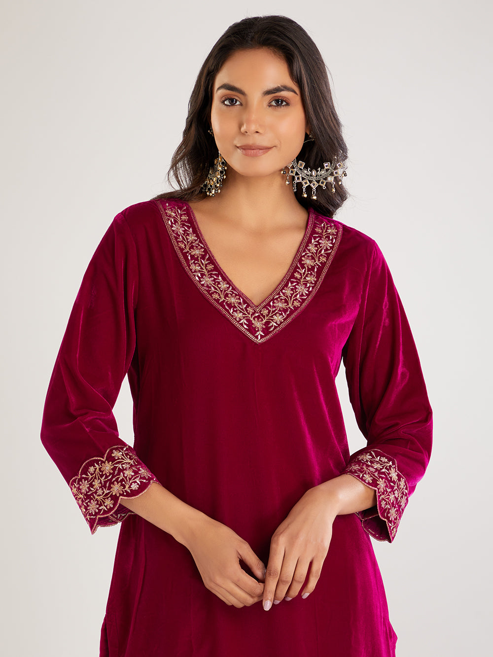 Fuchsia Embroidered Velvet Suit- Set of 3