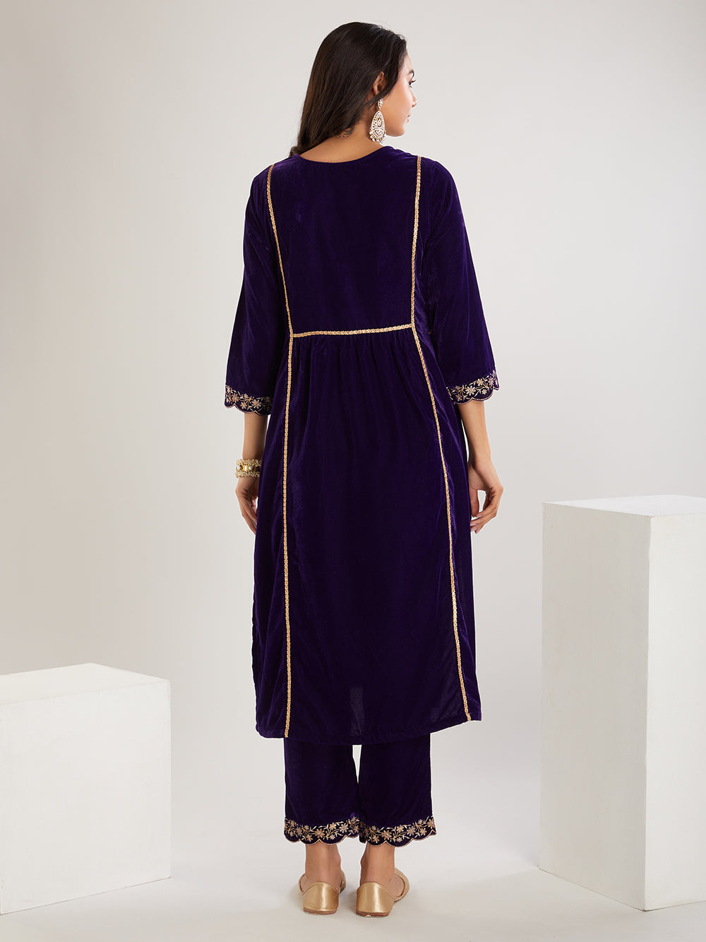 Purple  Embroidered Velvet Suit- Set of  3