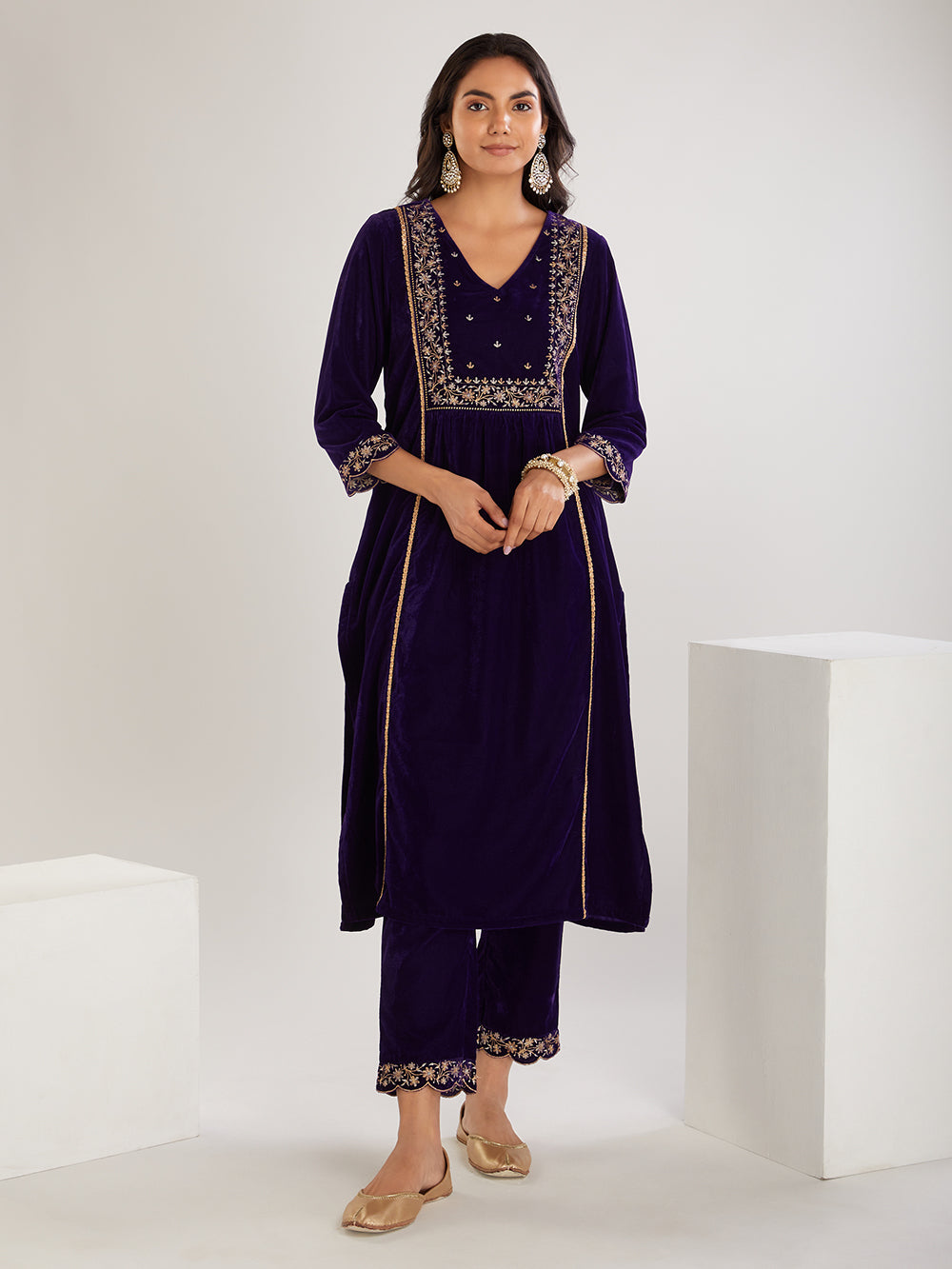 Purple  Embroidered Velvet Suit- Set of  3