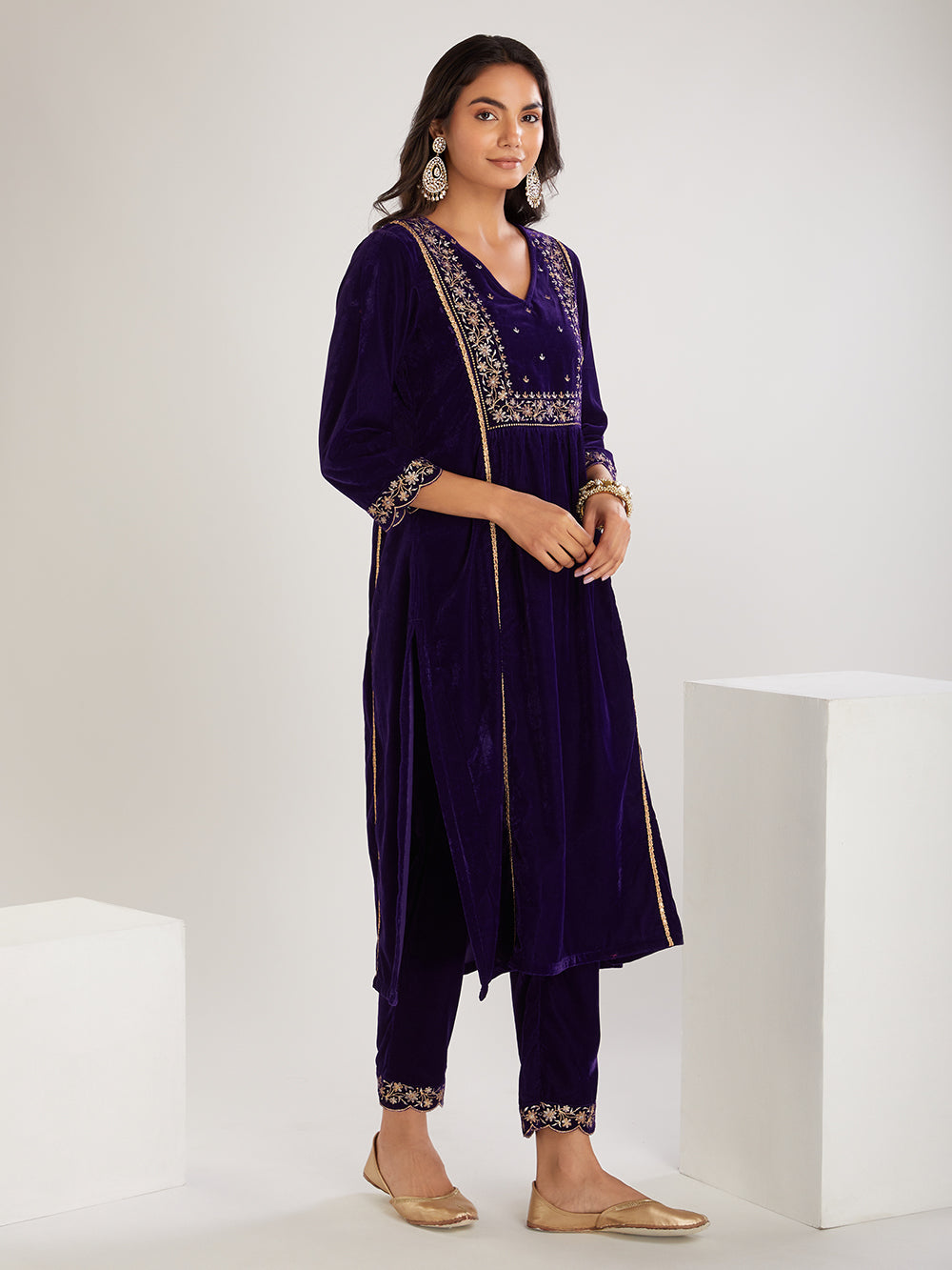 Purple  Embroidered Velvet Suit- Set of  3