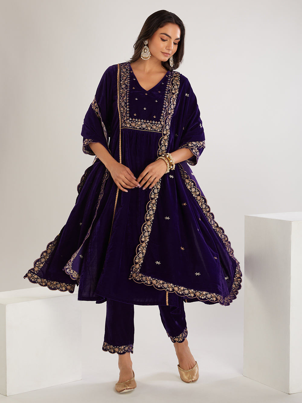 Purple  Embroidered Velvet Suit- Set of  3