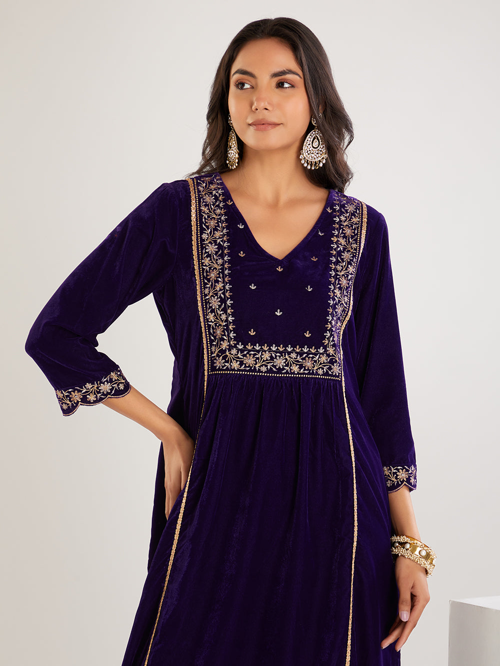 Purple  Embroidered Velvet Suit- Set of  3