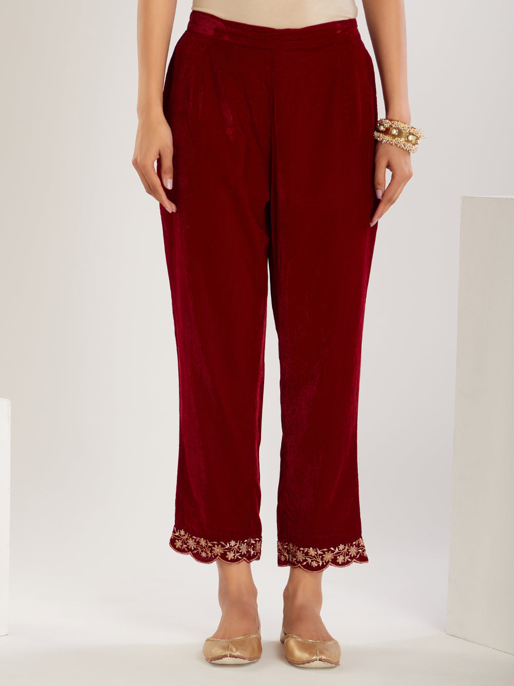 Maroon  Embroidered Velvet Suit- Set of  3