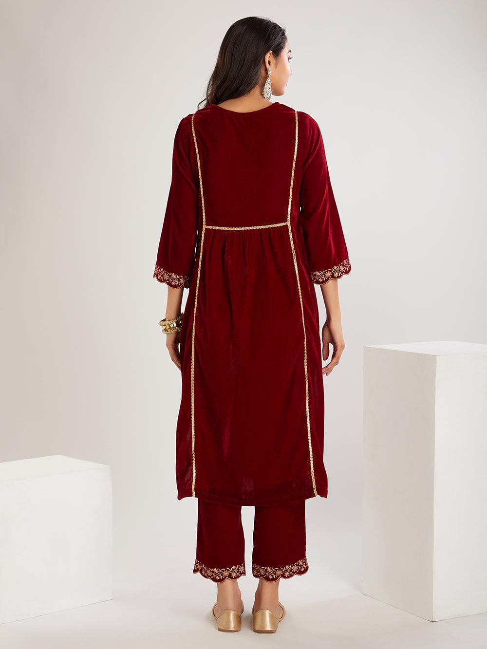 Maroon  Embroidered Velvet Suit- Set of  3