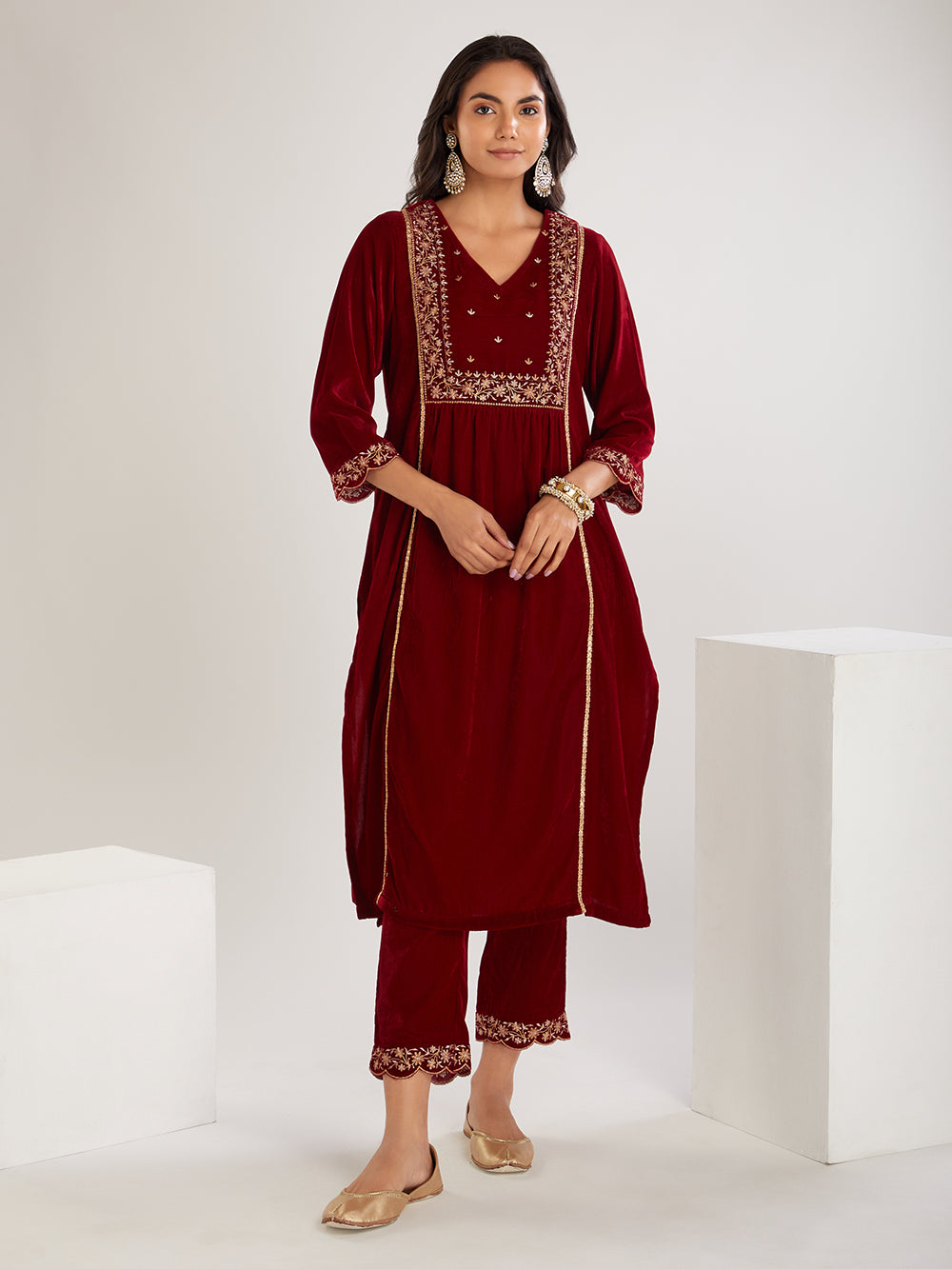 Maroon  Embroidered Velvet Suit- Set of  3