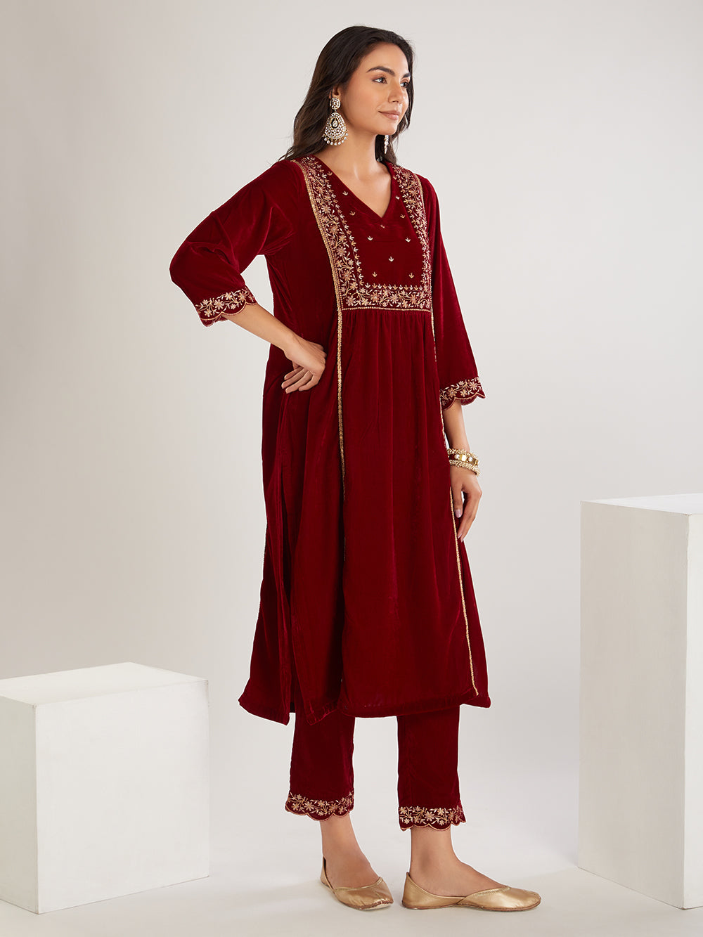 Maroon  Embroidered Velvet Suit- Set of  3