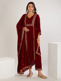 Maroon  Embroidered Velvet Suit- Set of  3