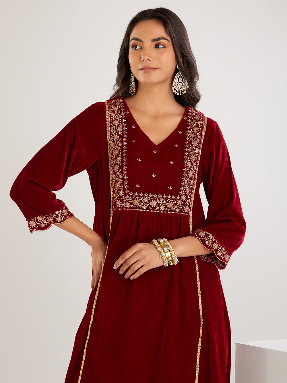 Maroon  Embroidered Velvet Suit- Set of  3