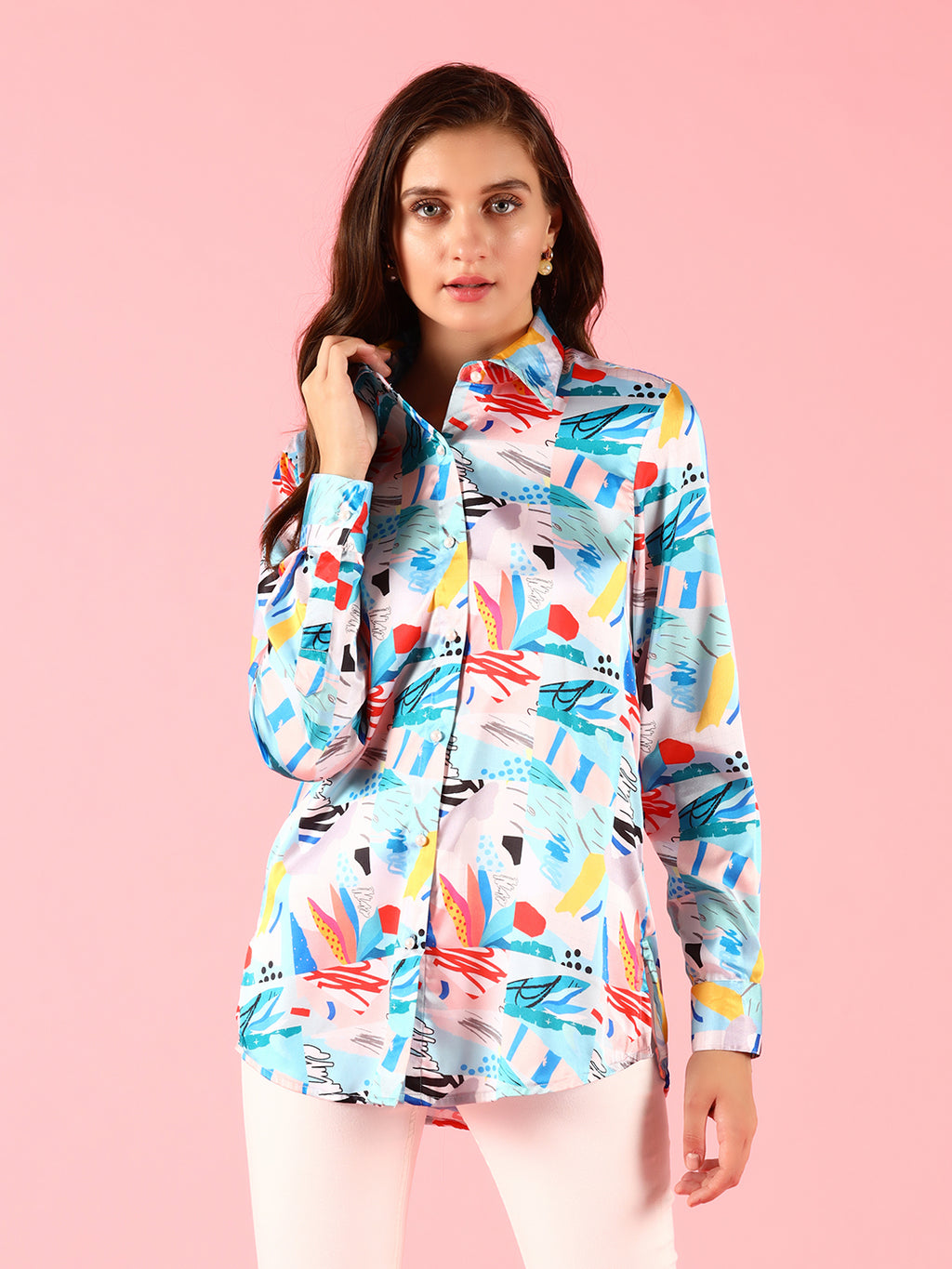 Silk Blue Printed Shirt Top