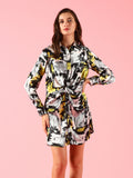 BLACK FRONT KNOT SATIN SHIRT DRESS