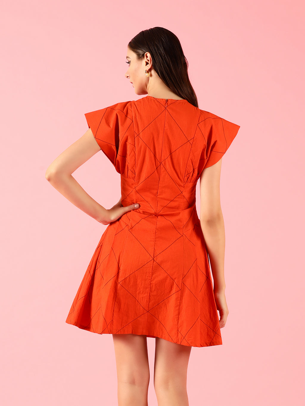 Flared Pleated Solid Orange Dress