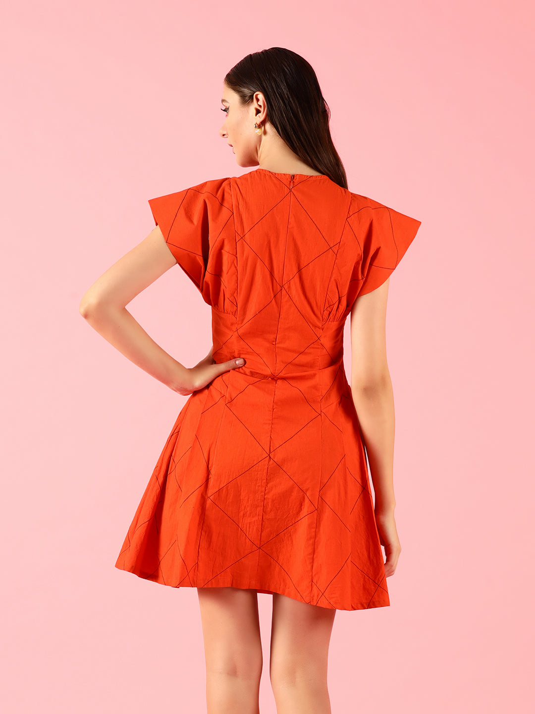 Flared Pleated Solid Orange Dress