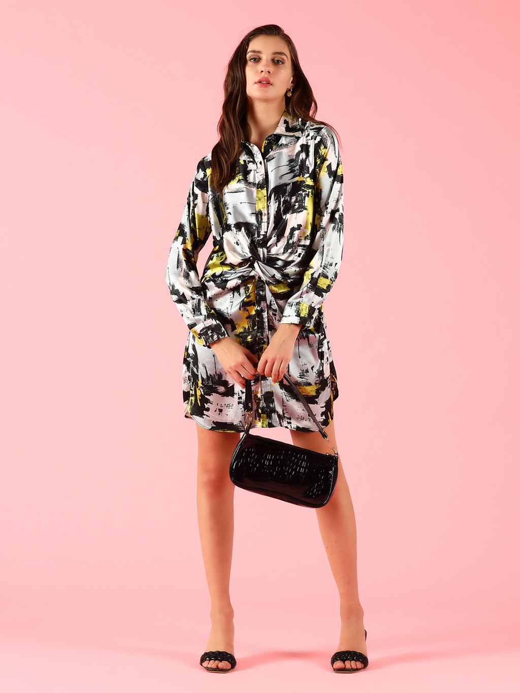 BLACK FRONT KNOT SATIN SHIRT DRESS