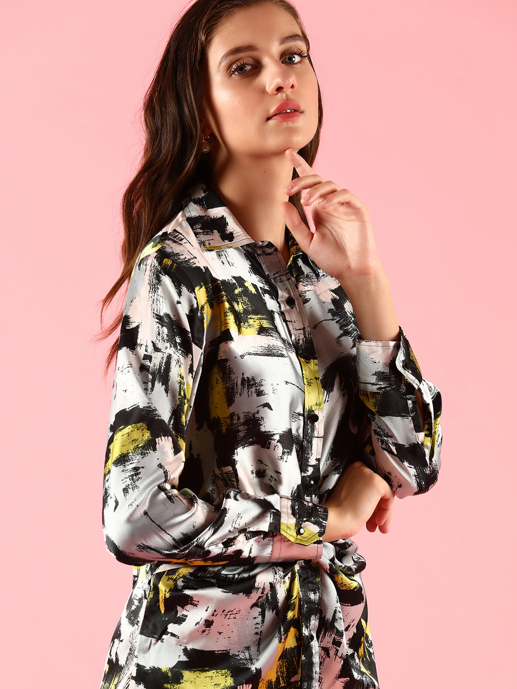 BLACK FRONT KNOT SATIN SHIRT DRESS