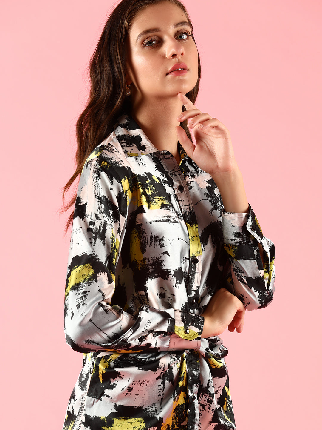 BLACK FRONT KNOT SATIN SHIRT DRESS