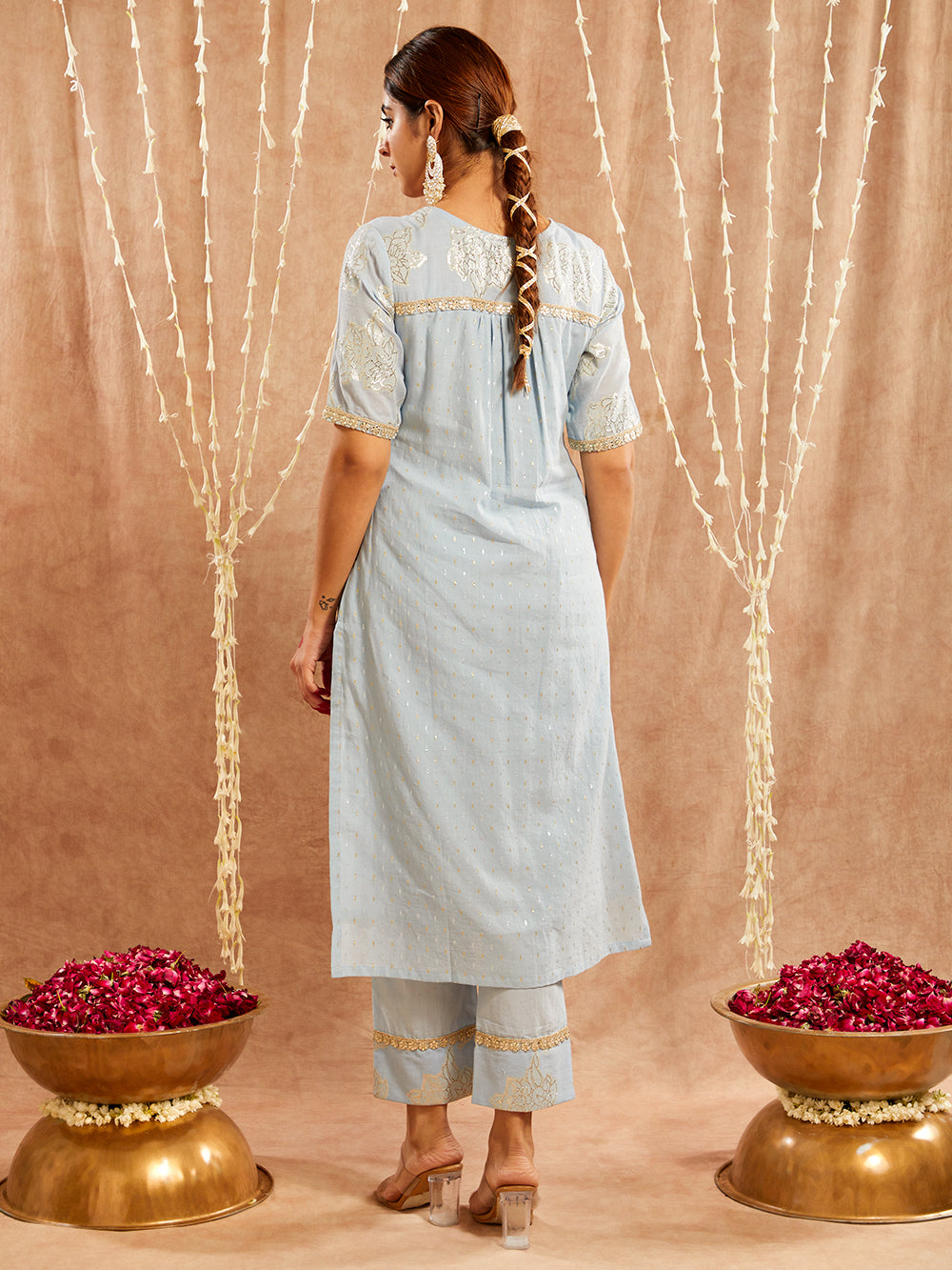 Blue Lace work Cotton Lurex Suit - Set of 3