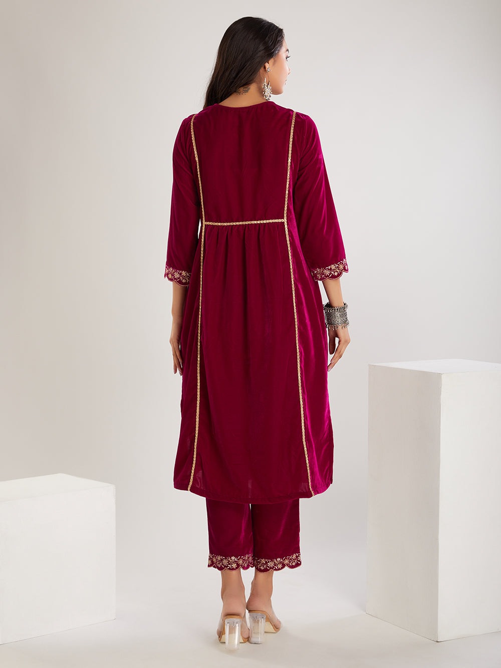 Fushica Embroidered Velvet Suit- Set of 3