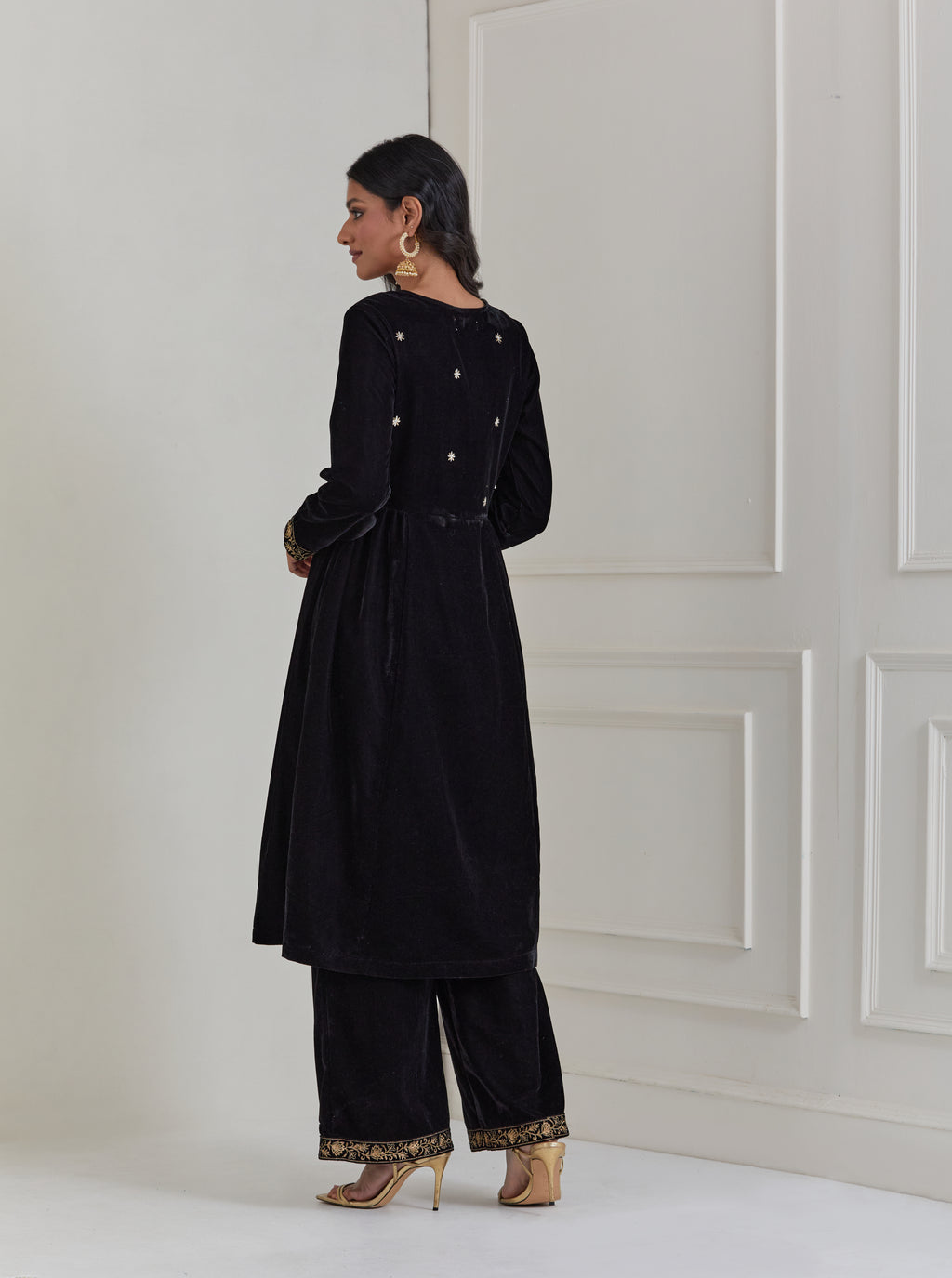 Black Embroidered Velvet Anarkali Suit - Set of 3