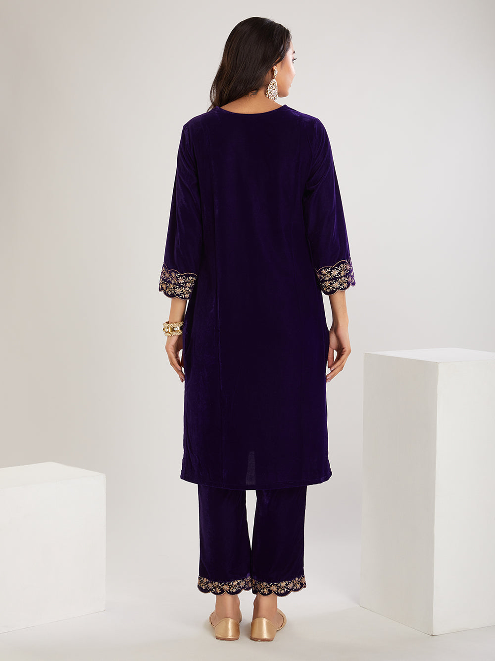 Purple Embroidered Velvet Suit- Set of  3