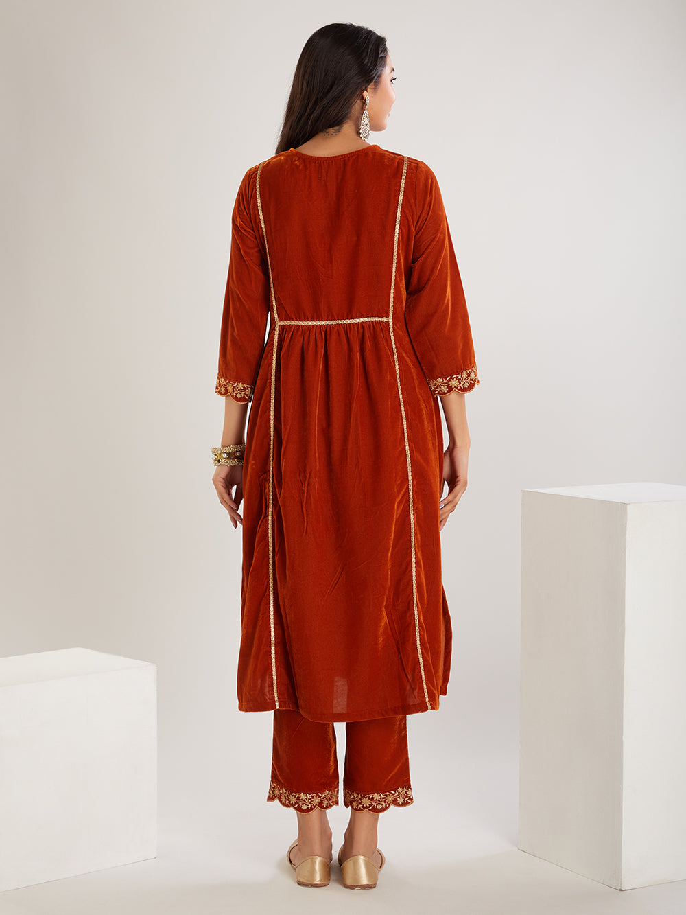 Rust Embroidered Velvet Suit- Set of 3
