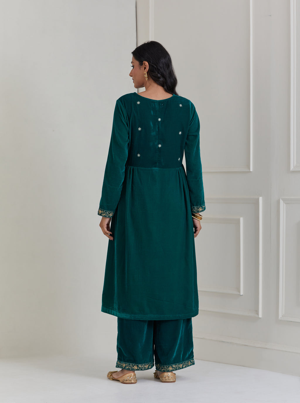 Green Embroidered Velvet Anarkali Suit - Set of 3
