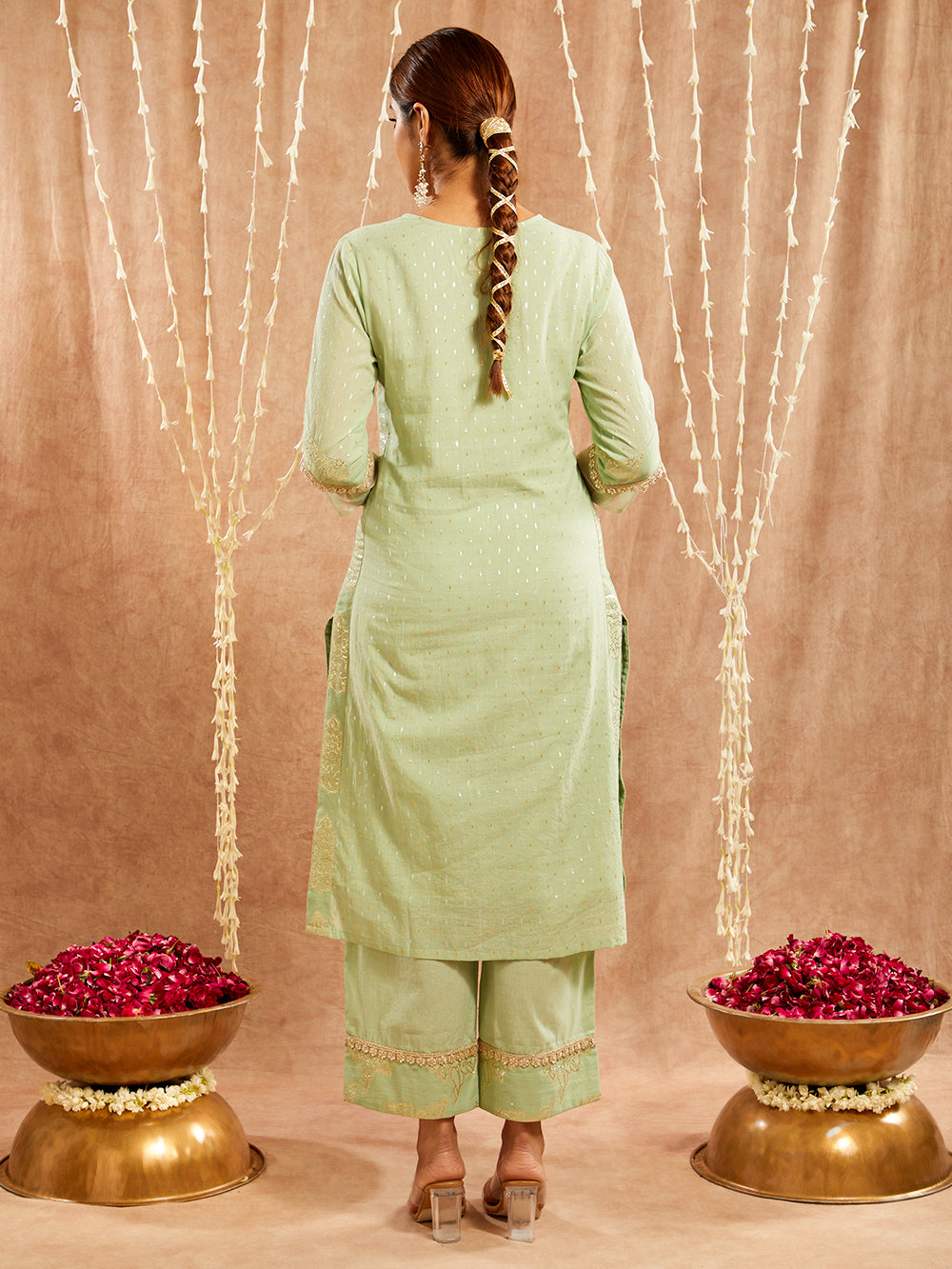 Green Lace work Cotton Lurex Suit - Set of 3