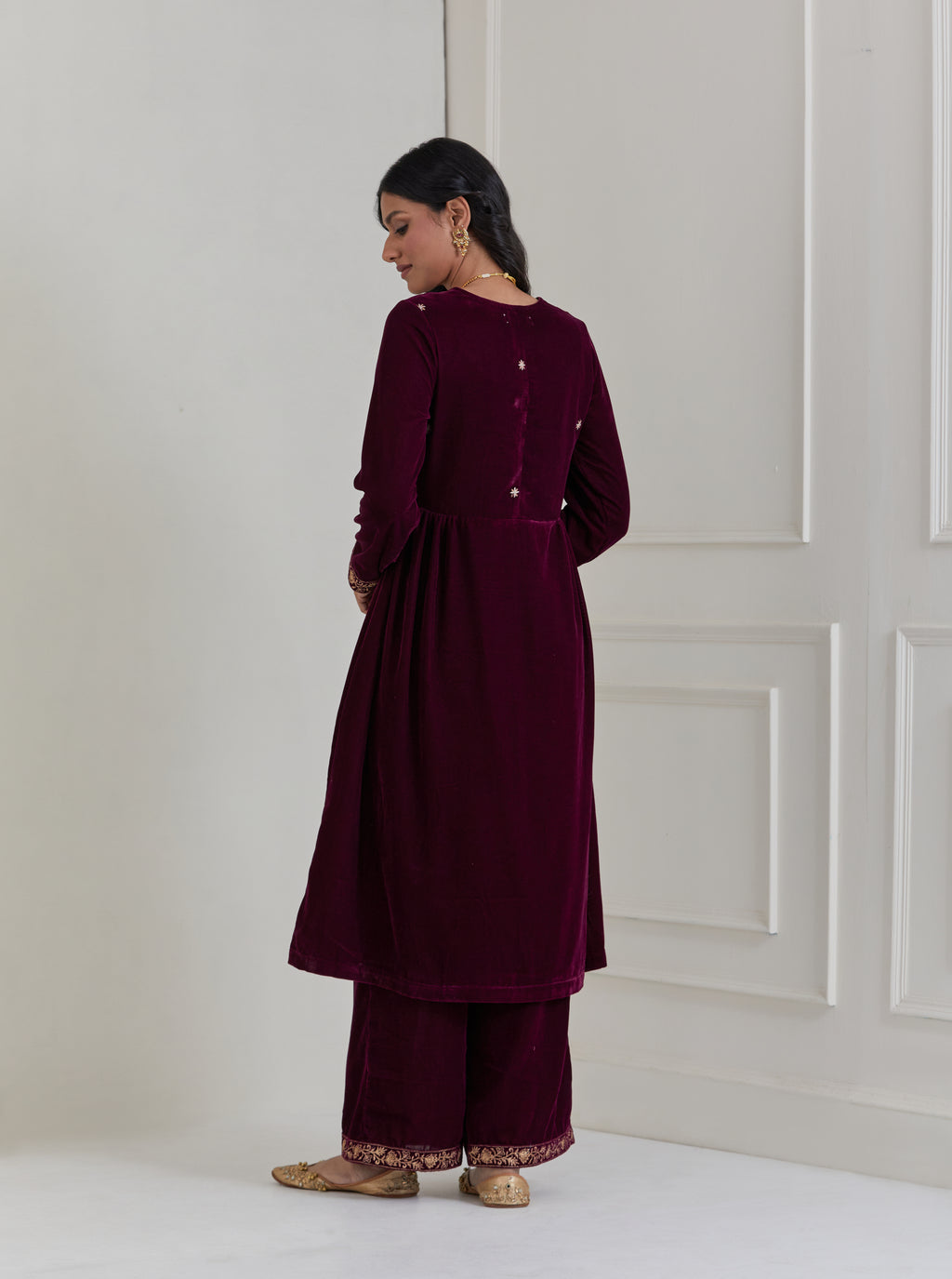 Burgundy Embroidered Velvet Anarkali Suit - Set of 3